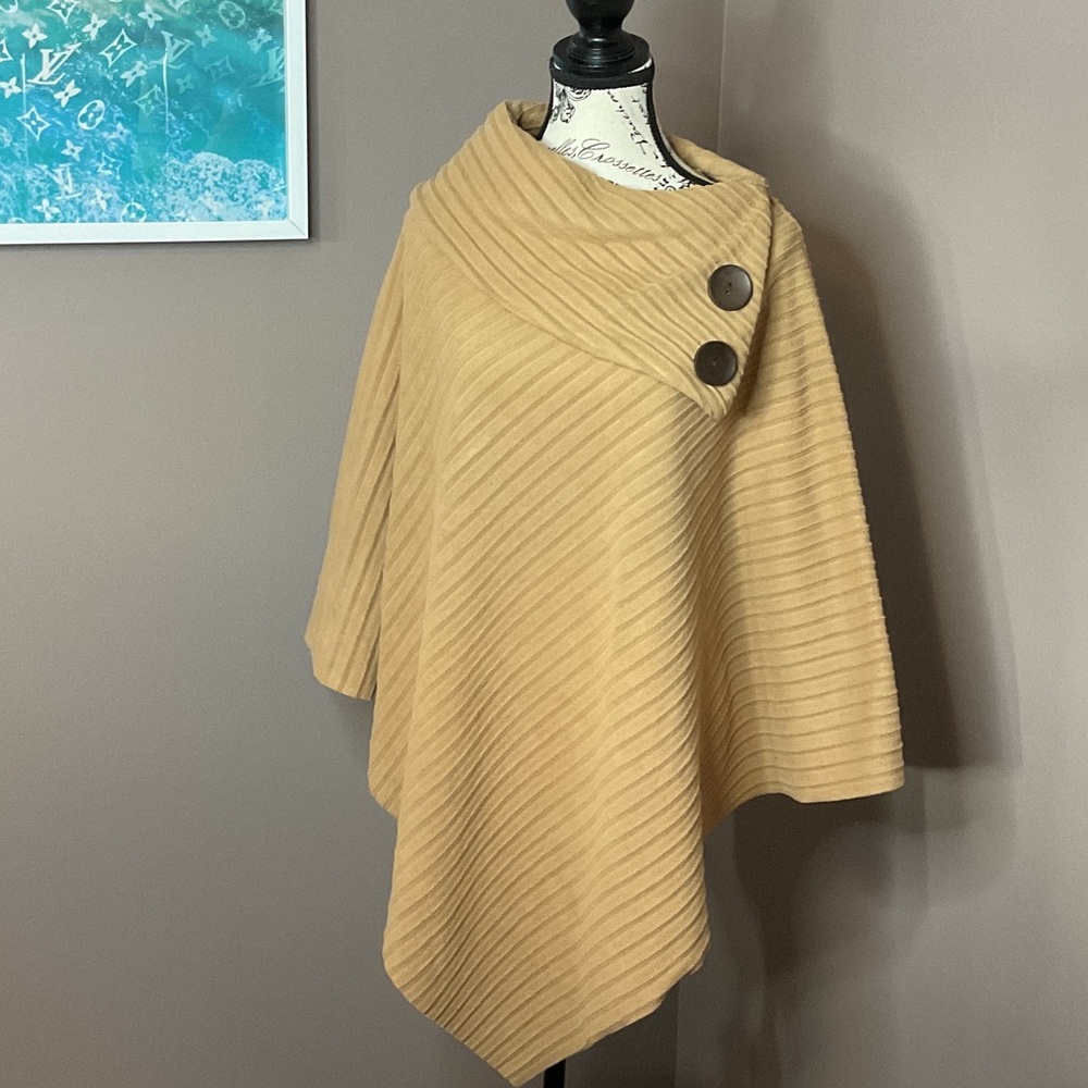 Ribbed Button-Shoulder Poncho in Camel Tan, One Size Fits Most